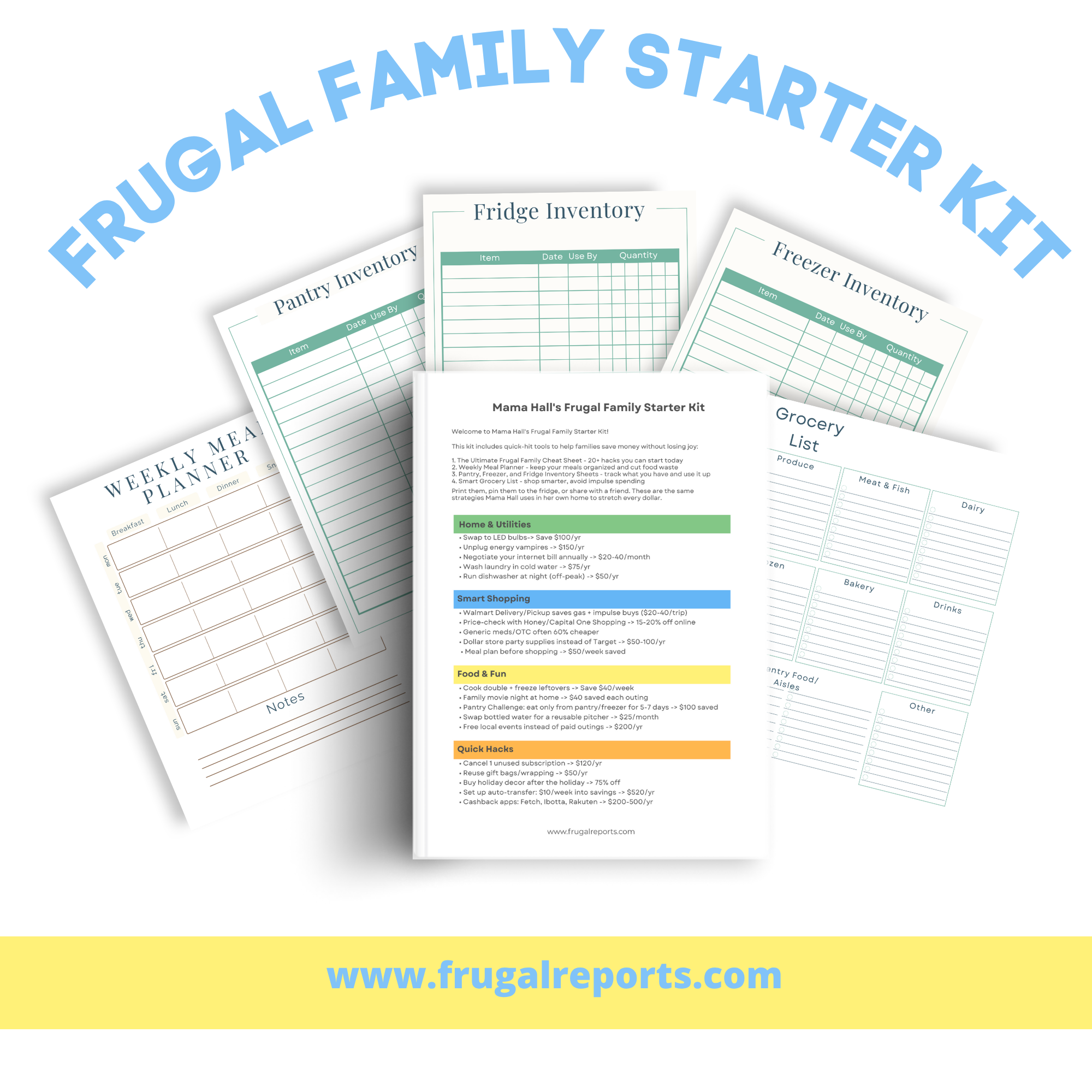 Preview pages of the Frugal Family Starter Kit.