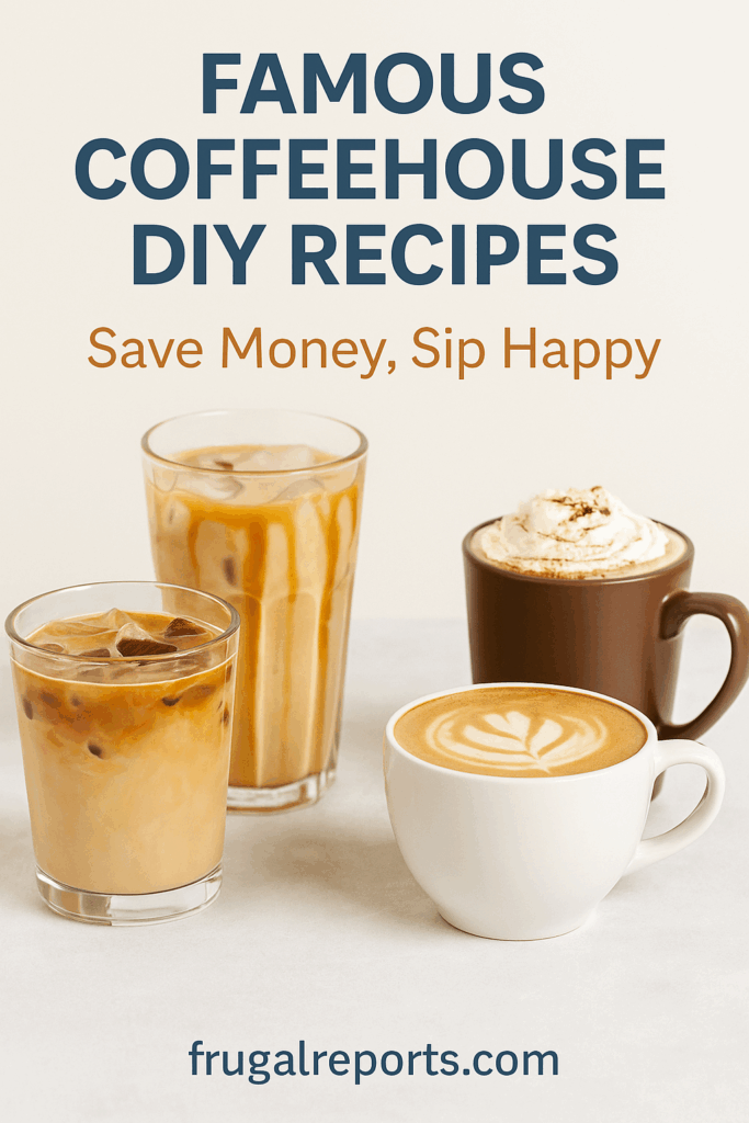 Four homemade coffeehouse drinks on a table — iced caramel coffee, iced vanilla latte, pumpkin spice latte with whipped cream, and a hot latte with art — with text overlay that reads 'Famous Coffeehouse DIY Recipes: Save Money, Sip Happy' and the Frugal Reports website.