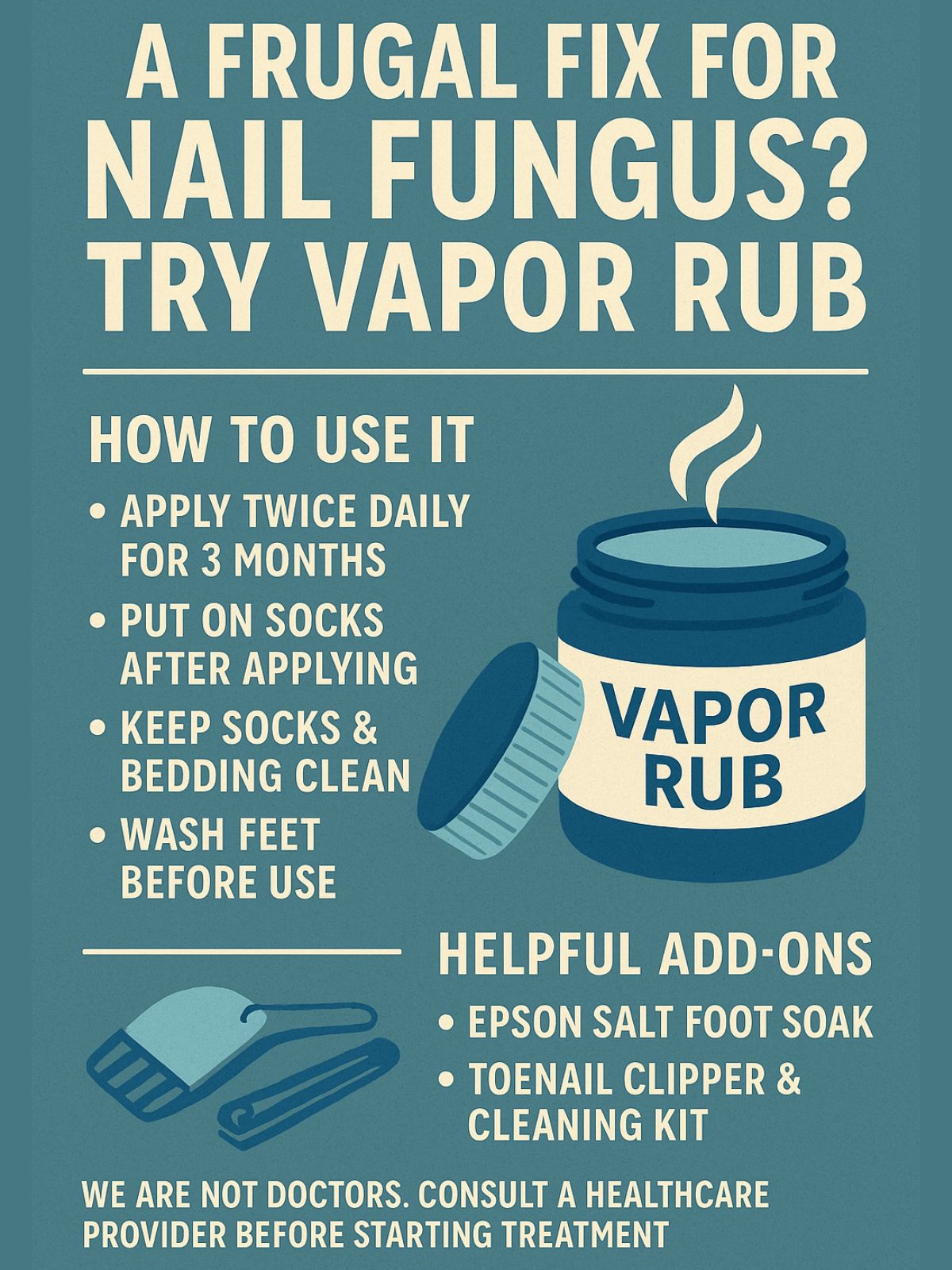 Jar of vapor rub with cotton swabs and clean socks, symbolizing a frugal home remedy for toenail fungus treatment.