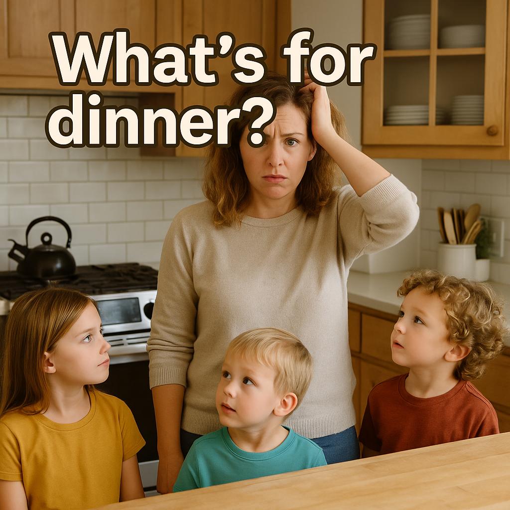 Frazzled mom in a kitchen holding a pot and spoon, three children staring at her asking “What’s for dinner?”