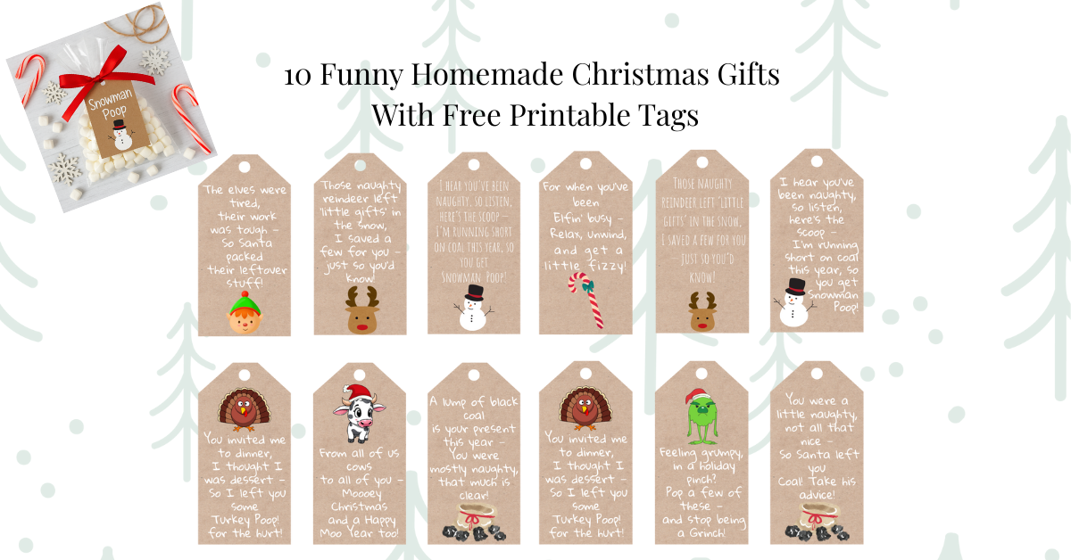 Flat lay image showing 10 funny homemade Christmas gift tags including Snowman Poop, Reindeer Poop, Elf Poop, Moo Poo, Turkey Poop, and more, arranged on a kraft background with a festive snowman treat bag in the corner — free printable holiday tags from FrugalReports.com.