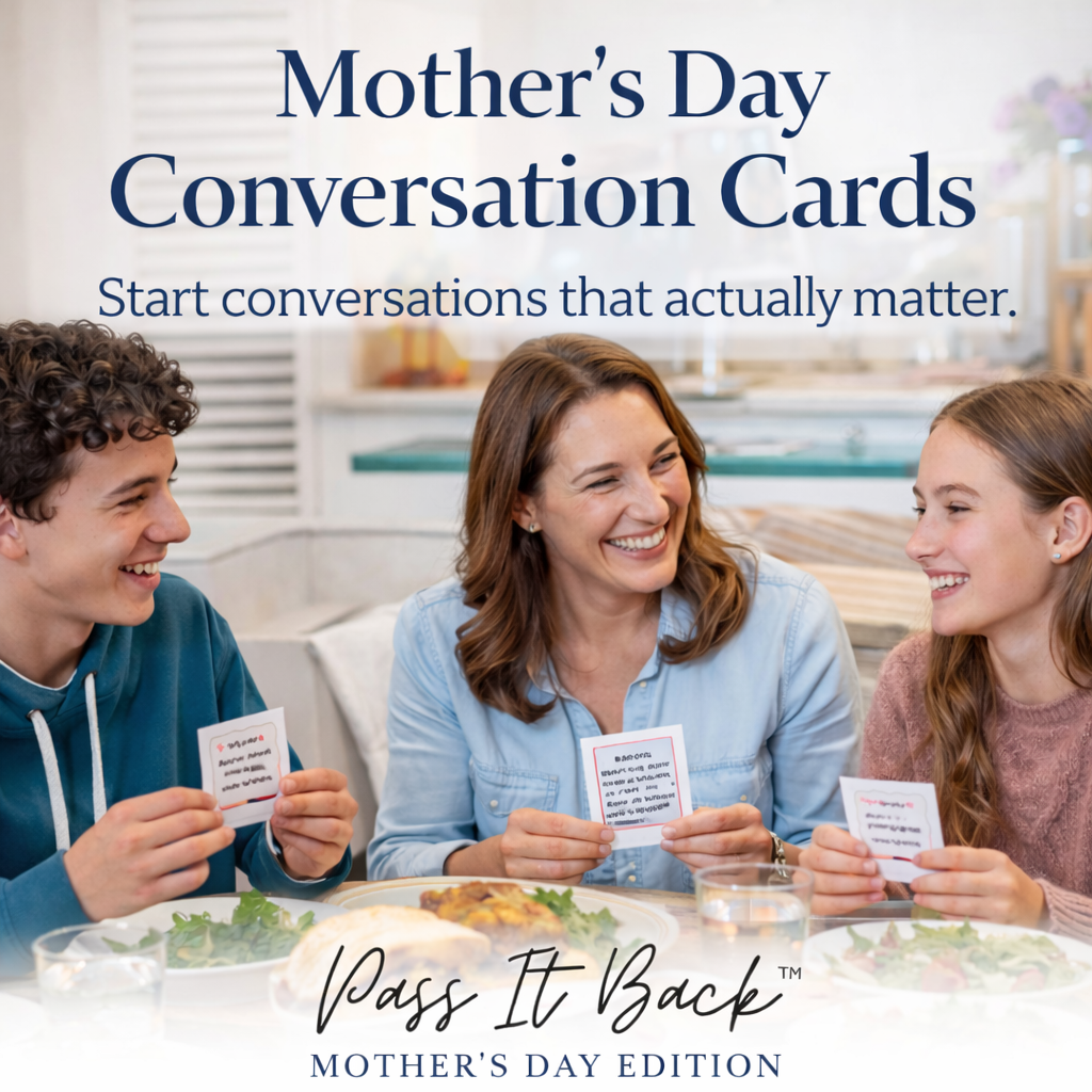 Mother and two children using printable Mother’s Day conversation cards at the dinner table to spark meaningful family connection